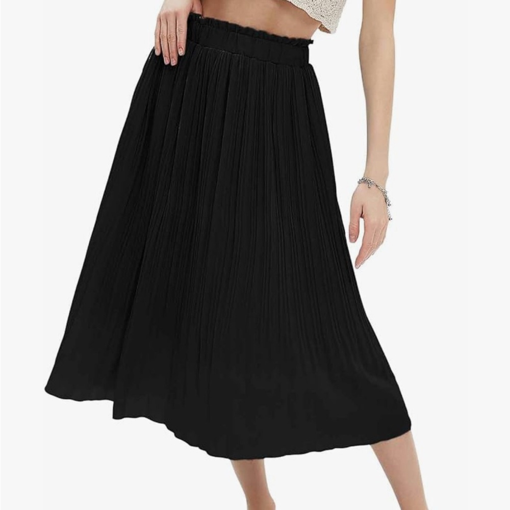 Black A-Line Pleated Midi Skirt